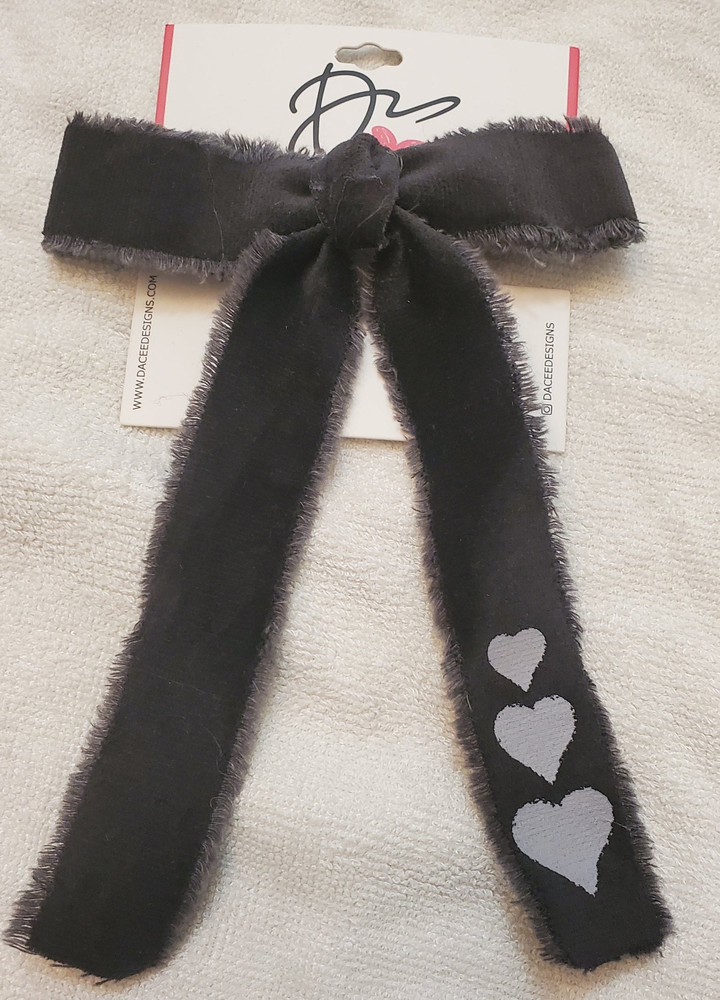 Large Gray Frayed Heart Bow Clip