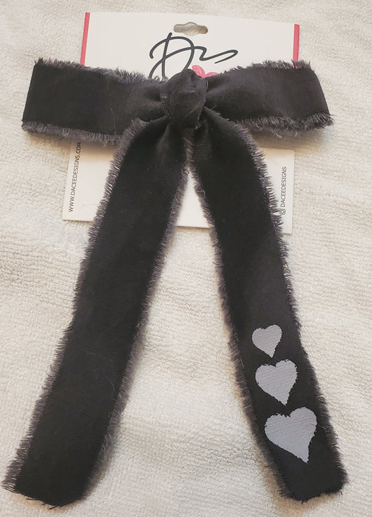 Large Gray Frayed Heart Bow Clip