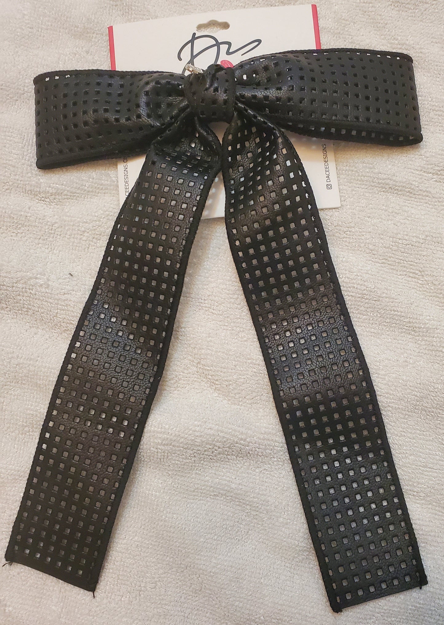 Large Black Perforated Leather Bow Clip