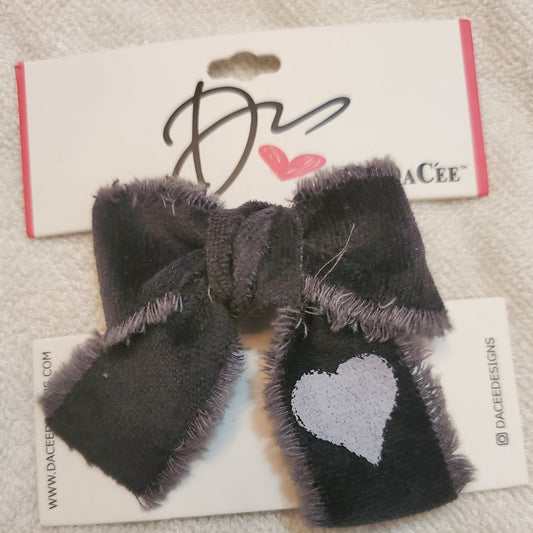 Small Gray Frayed Heart Bow Clip